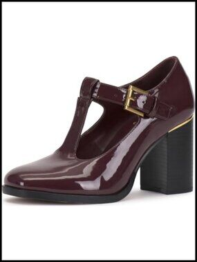 Women's T-Strap Block Heel Pumps Almond Toe Buckle Dress Shoes